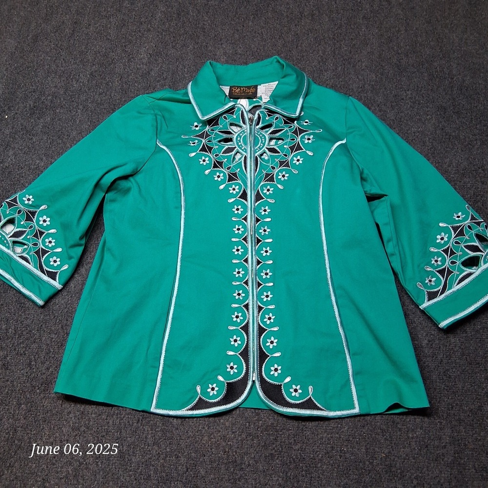 Vintage Bob Mackie Wearable Art Shirt Jacket Women Size Medium Teal Stretchy